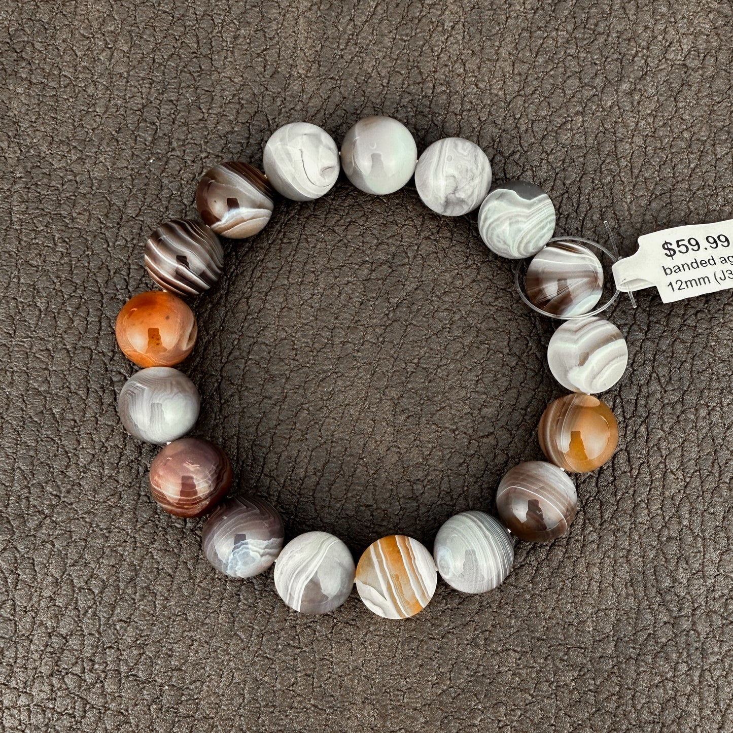 Banded Agate 12mm Smooth Round Stretchy Cord Bracelet (J302)-The Bead Gallery Honolulu