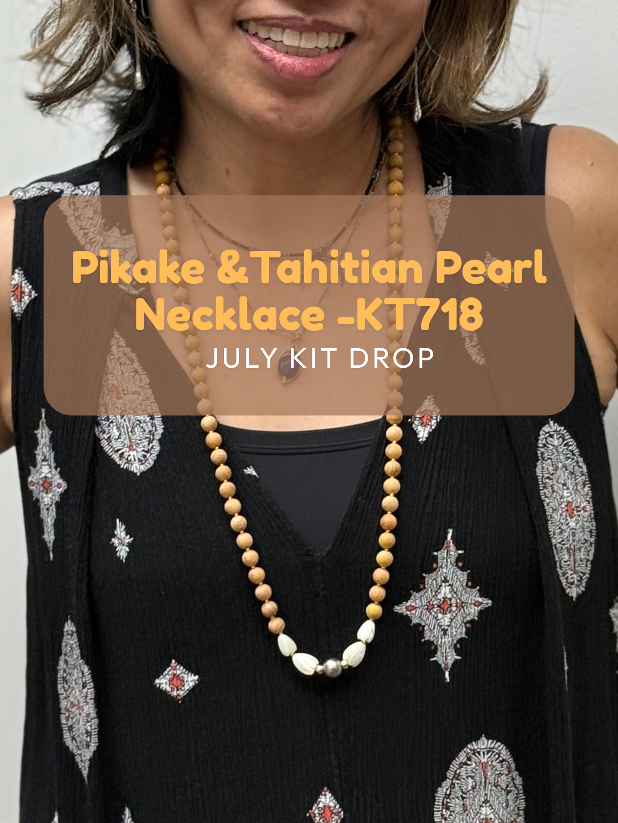 Pikake & Tahitian Pearl Long Sandalwood Necklace Kit (KT718)-The Bead Gallery Honolulu