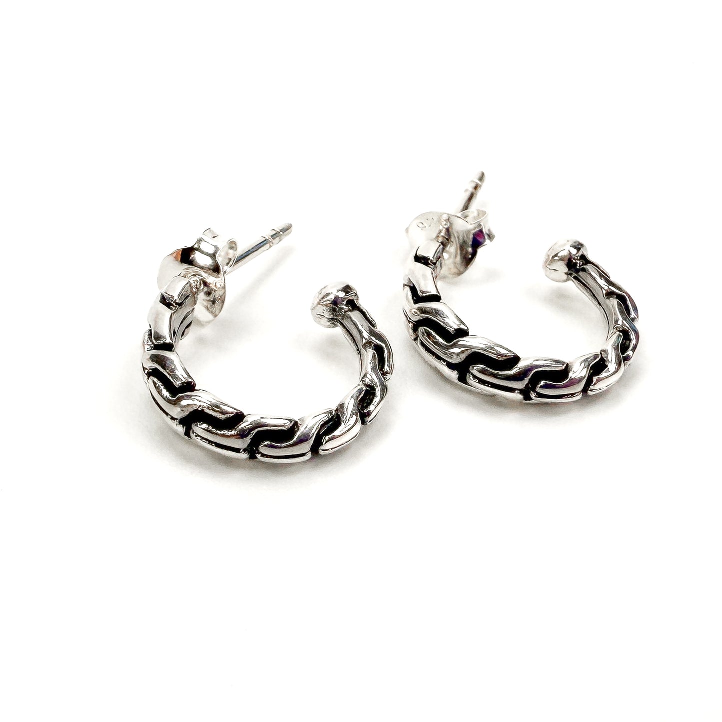 13mm Link Motif Hoop Post Earrings - Bali Silver (1 pr/S6101)