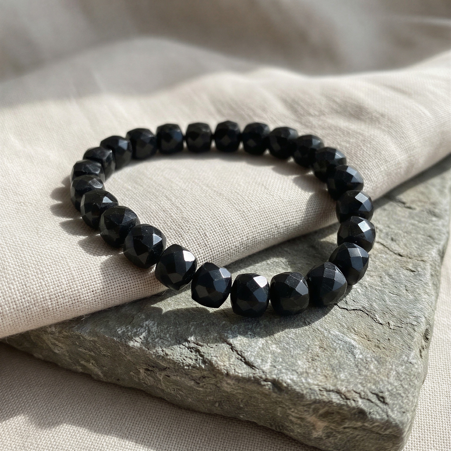 Black Tourmaline 8.5mm Faceted Cube Bead - 7.5" Strand (GEM2426) – AI Studio Image (Transformed)