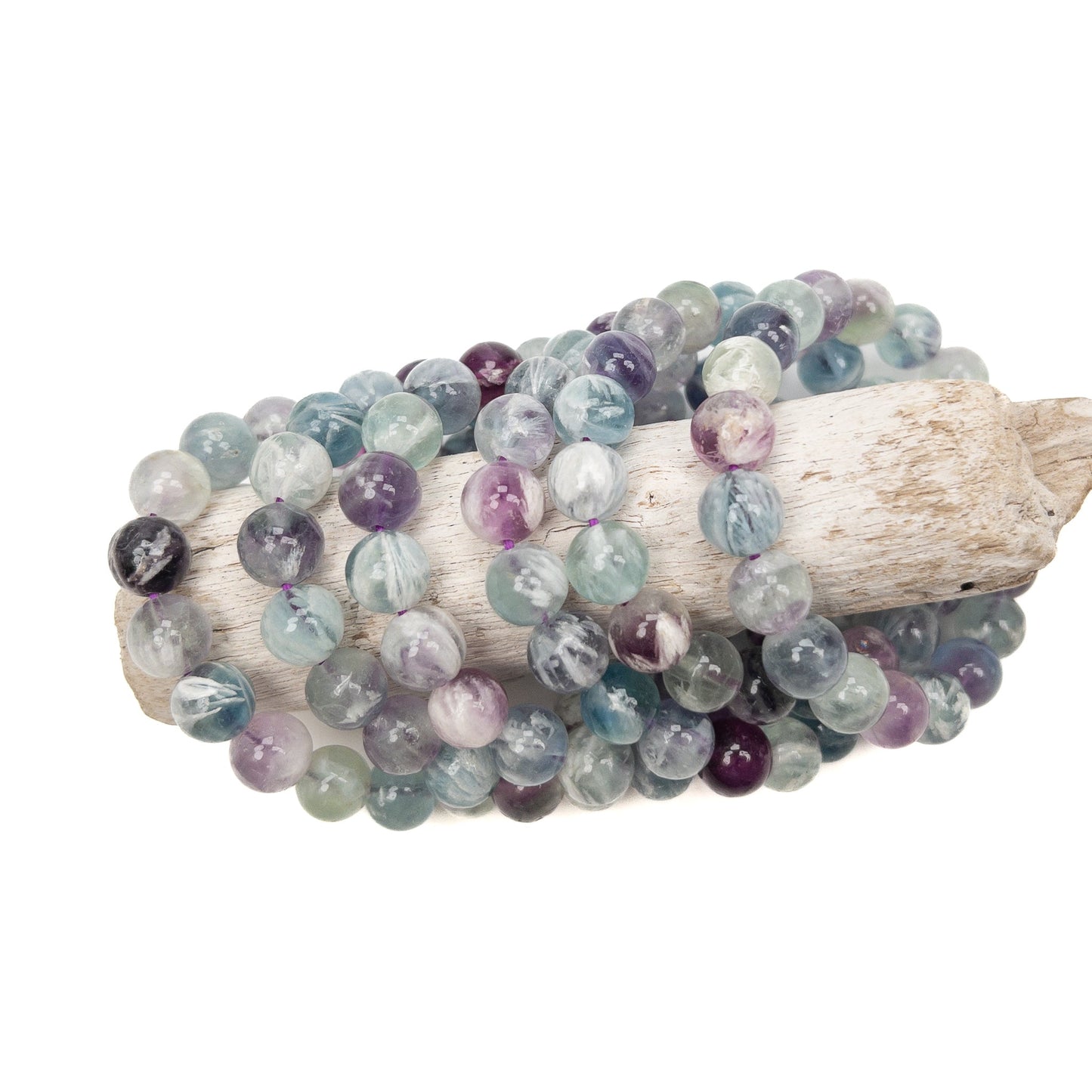 Angel Feather Fluorite Round Bead Stretchy Bracelet (2 Bead Sizes Available)