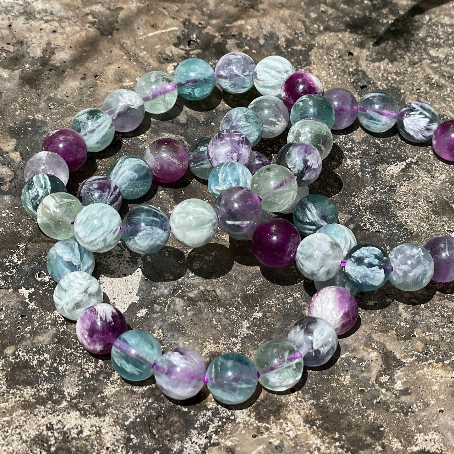 Angel Feather Fluorite Round Bead Stretchy Bracelet (2 Bead Sizes Available)