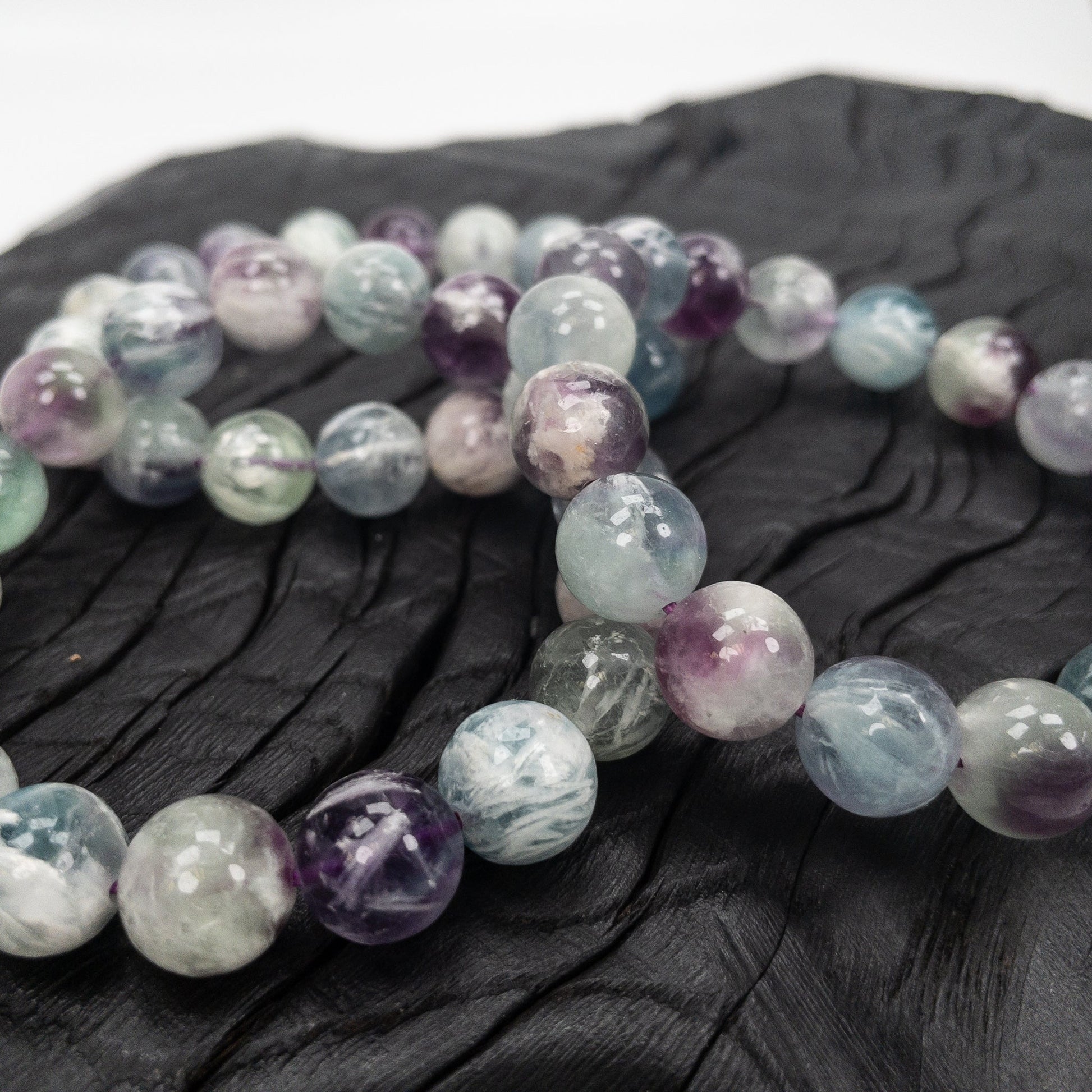 Angel Feather Fluorite Round Bead Stretchy Bracelet (2 Bead Sizes Available)