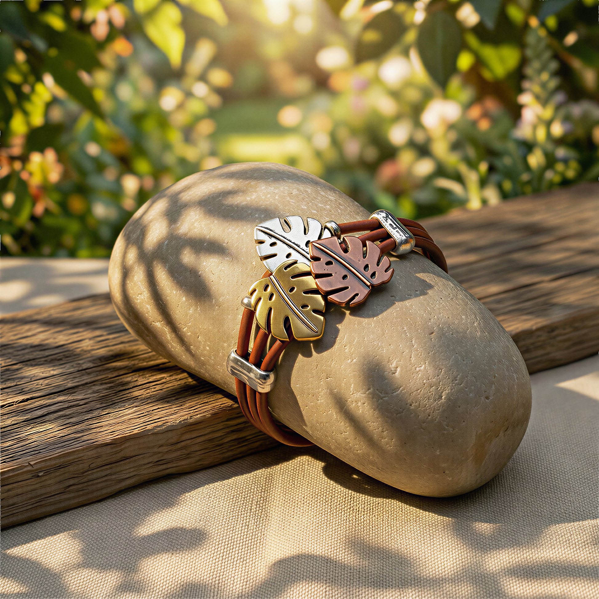 Monstera triple strand leather bracelet draped over a smooth natural rock, glowing in warm sunlight against an earthy outdoor backdrop