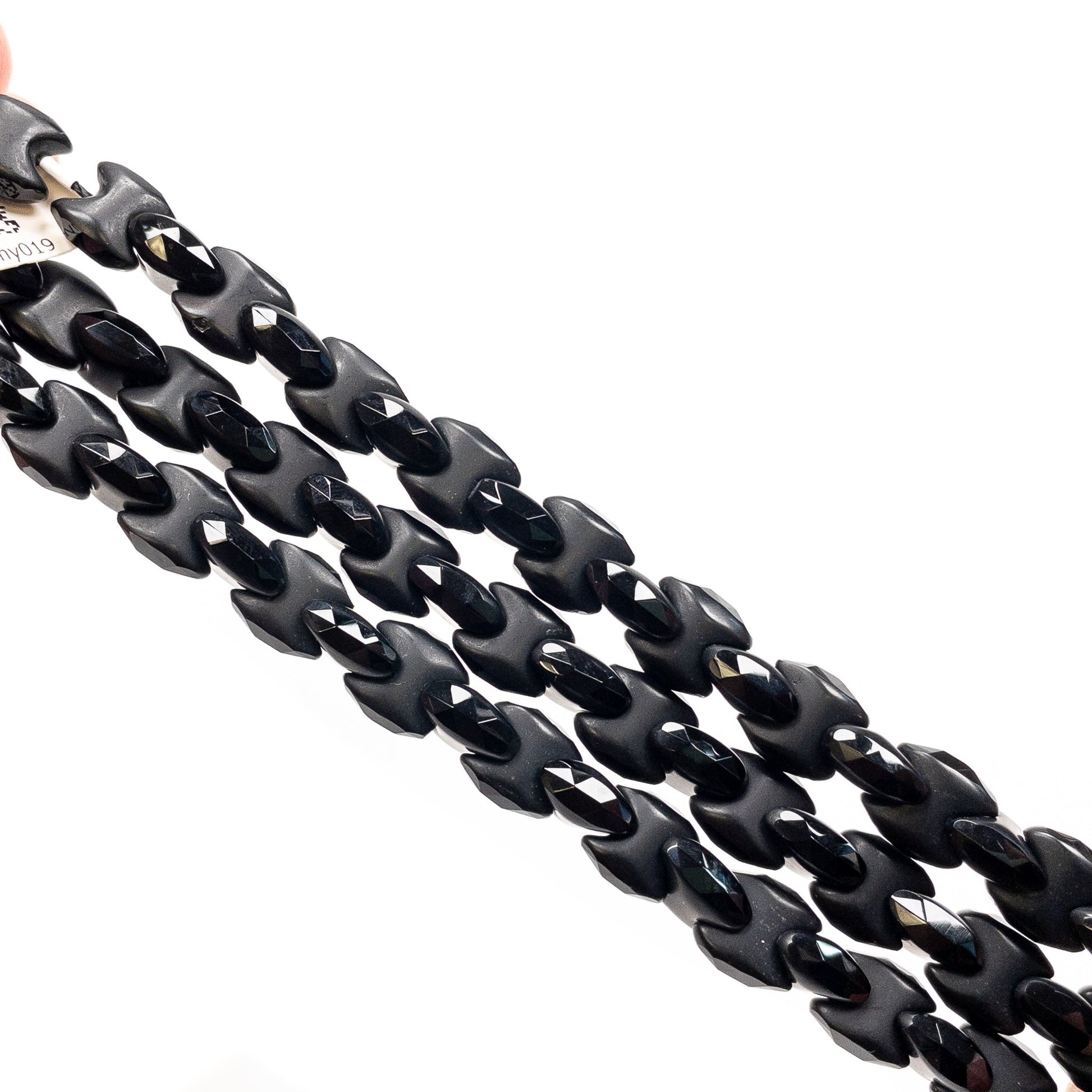 Black Agate 10x10mm Half-Matte Bowtie - 7.75" Strand