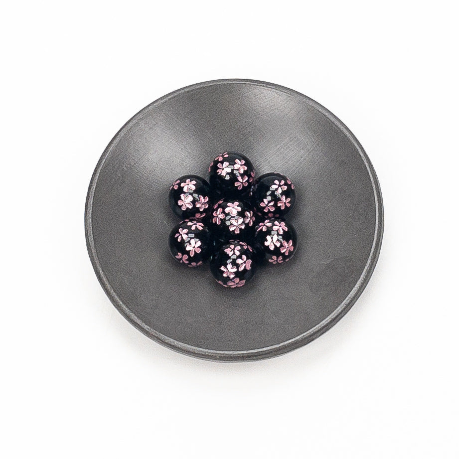 Black Agate Etched Pink Sakura Shower 10mm Round Bead - 1 pc.