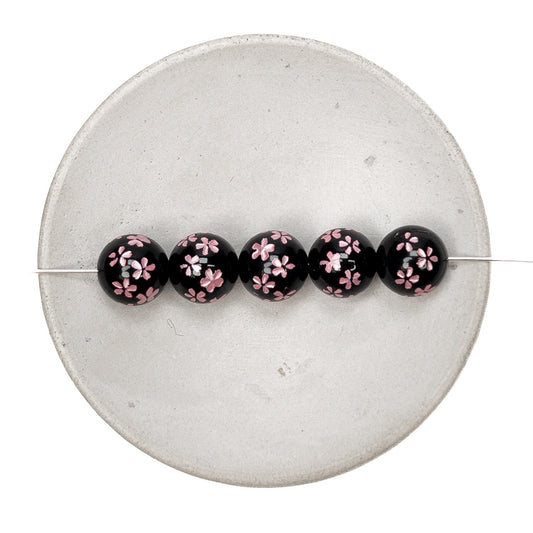 Black Agate Etched Pink Sakura Shower 10mm Round Bead - 1 pc.