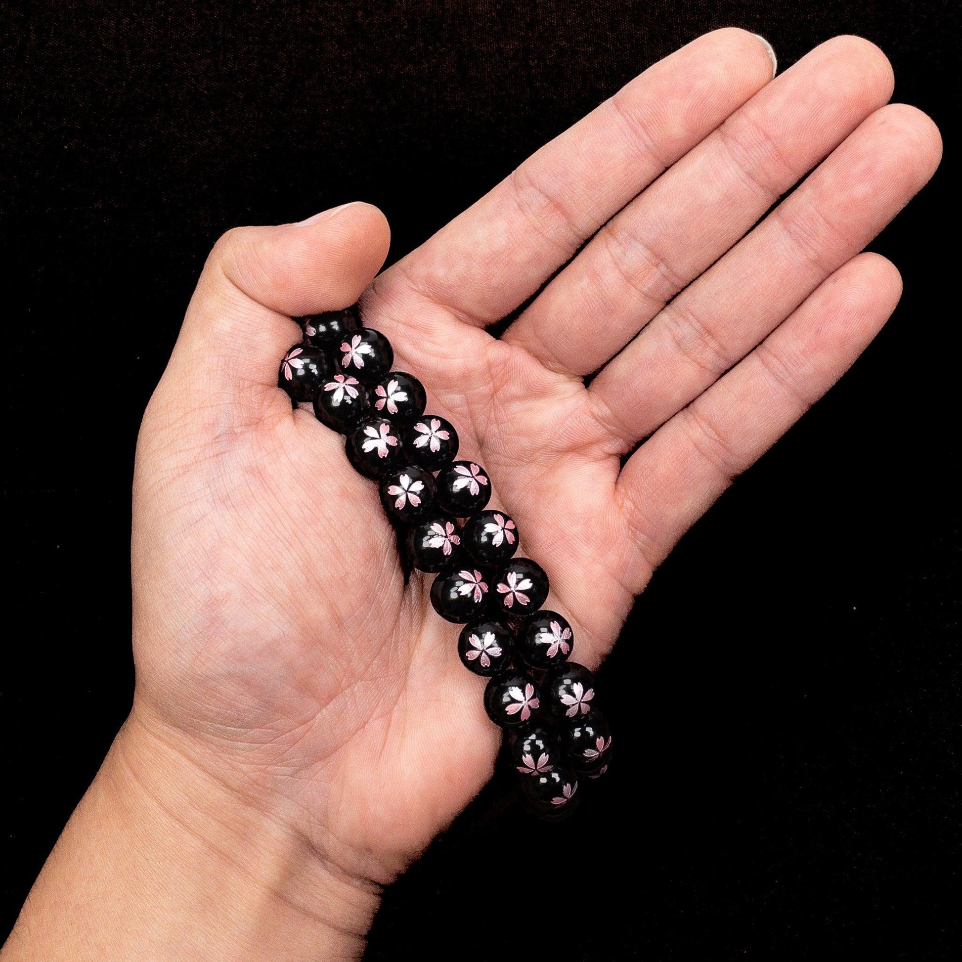 Black Agate with Etched Pink Sakura Blossom 10mm Round Bead - 7.5" Strand