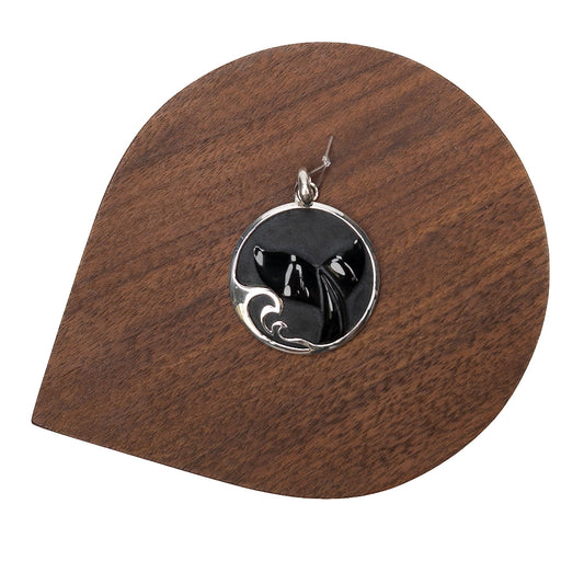 Black Serpentine Whale Tail Pendant With Silver Wave Frame - 1 pc.