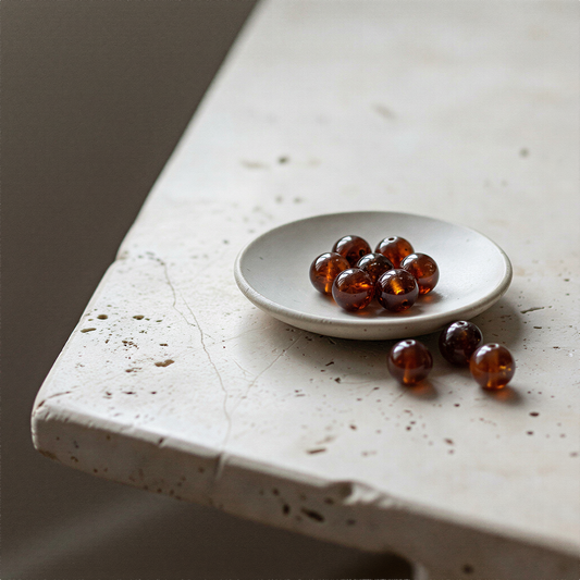 Single hessonite garnet bead resting on natural linen with soft daylight and muted earth tones