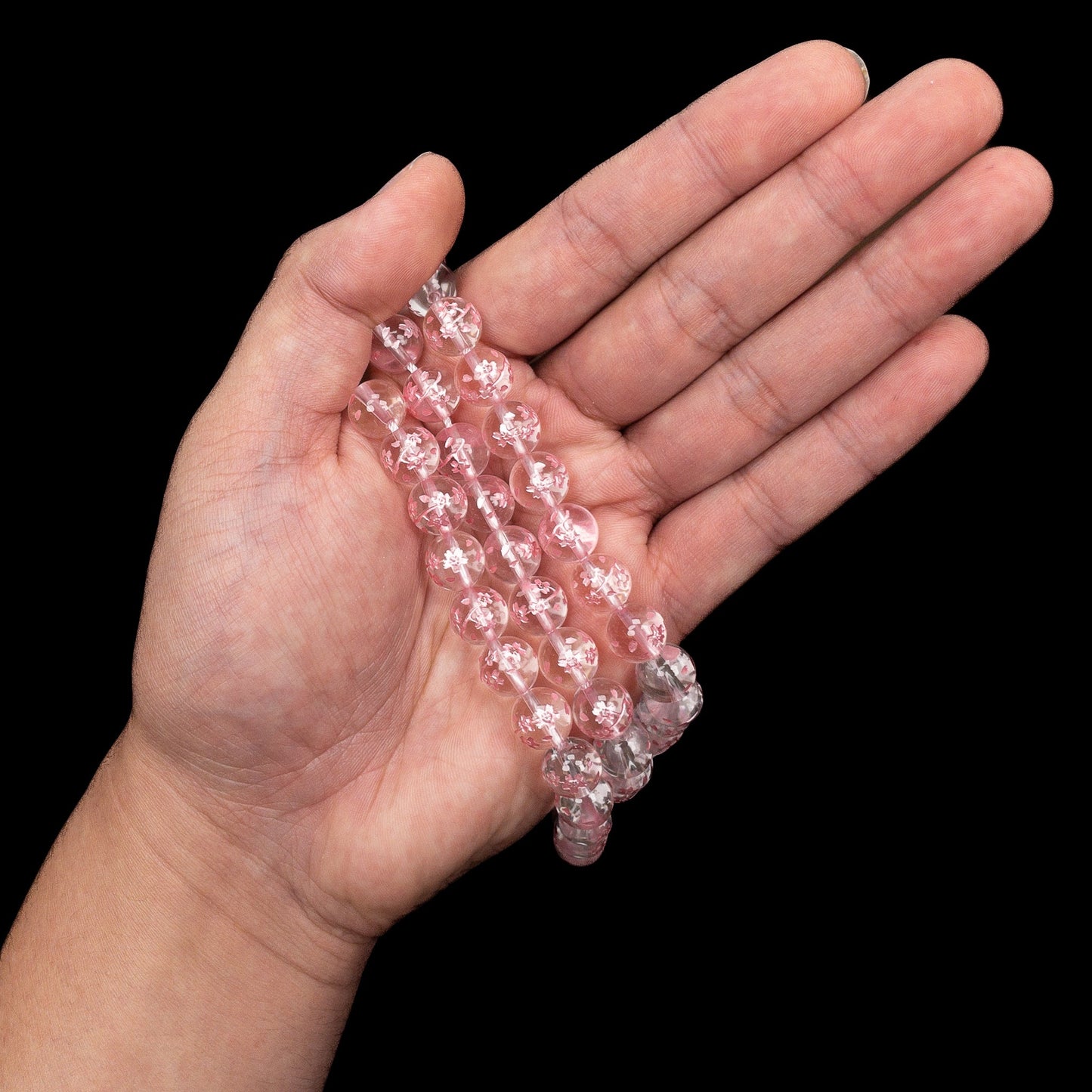 Crystal Quartz Etched Pink Sakura Branch 10mm Round Bead - 7.5" Strand