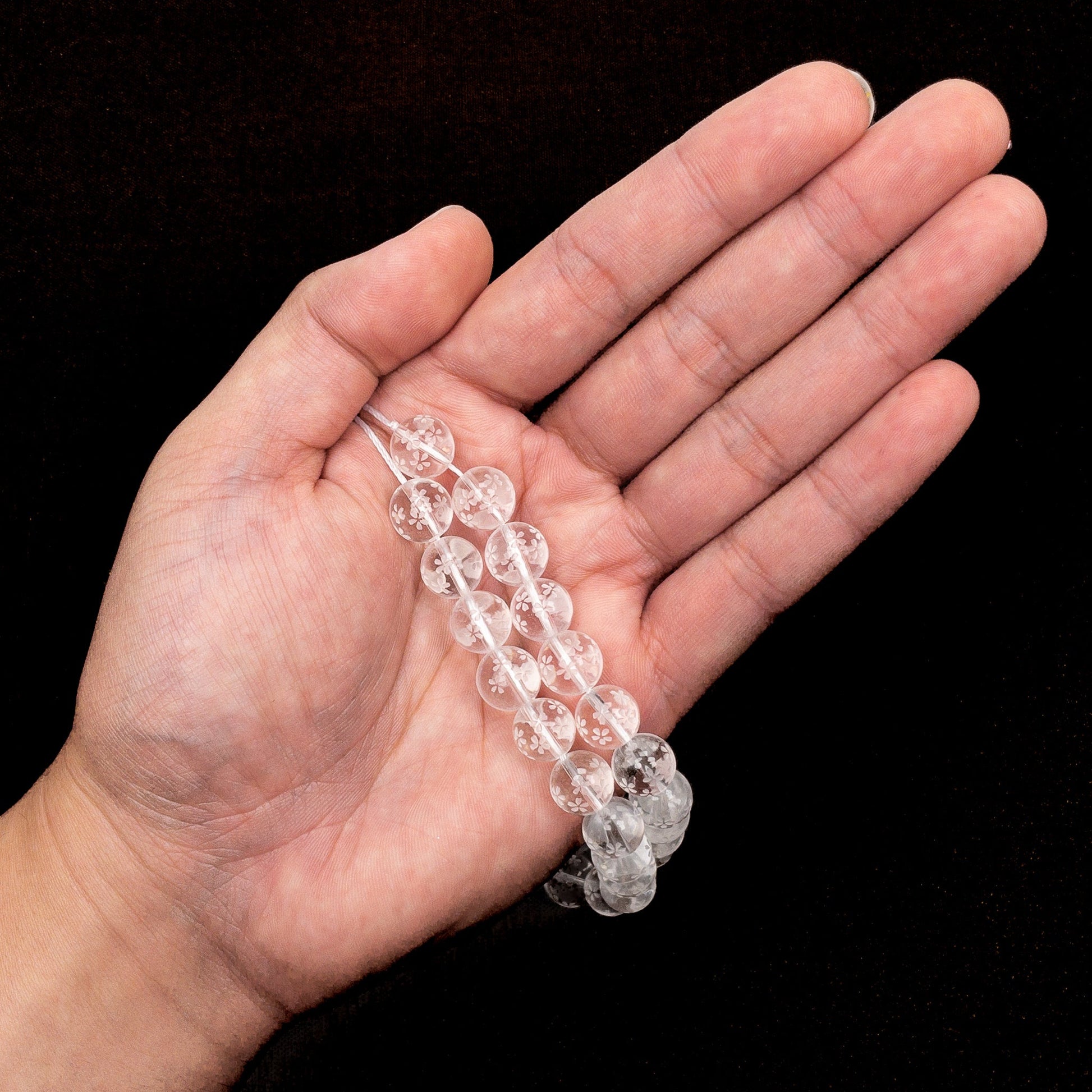 Crystal Quartz Etched Sakura Shower 10mm Round Bead - 7.5" Strand