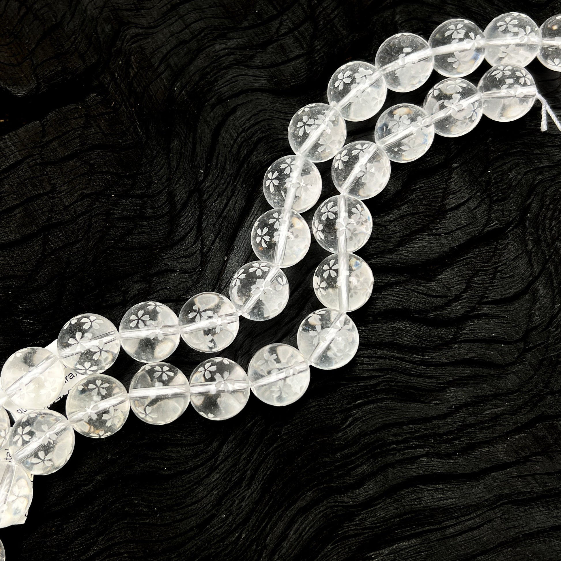 Crystal Quartz Etched Sakura Shower 14mm Round Bead - 7.5" Strand