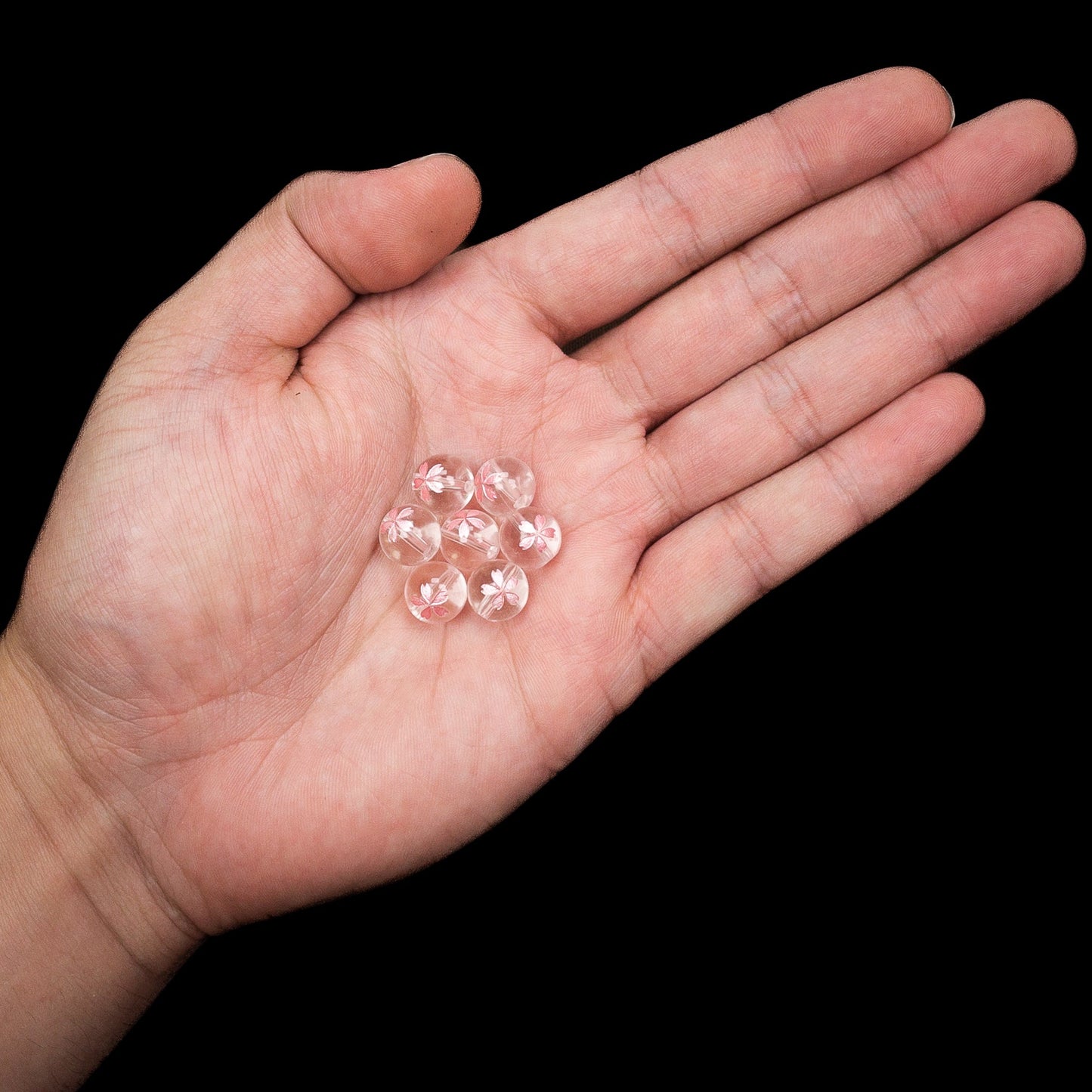 Crystal Quartz with Etched Pink Sakura Blossom 10mm Round Bead - 1 pc.