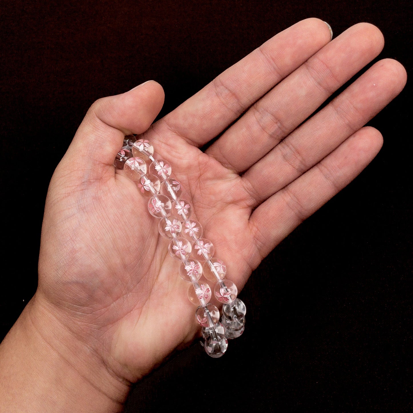 Crystal Quartz with Etched Pink Sakura Blossom 10mm Round Bead - 7.5" Strand