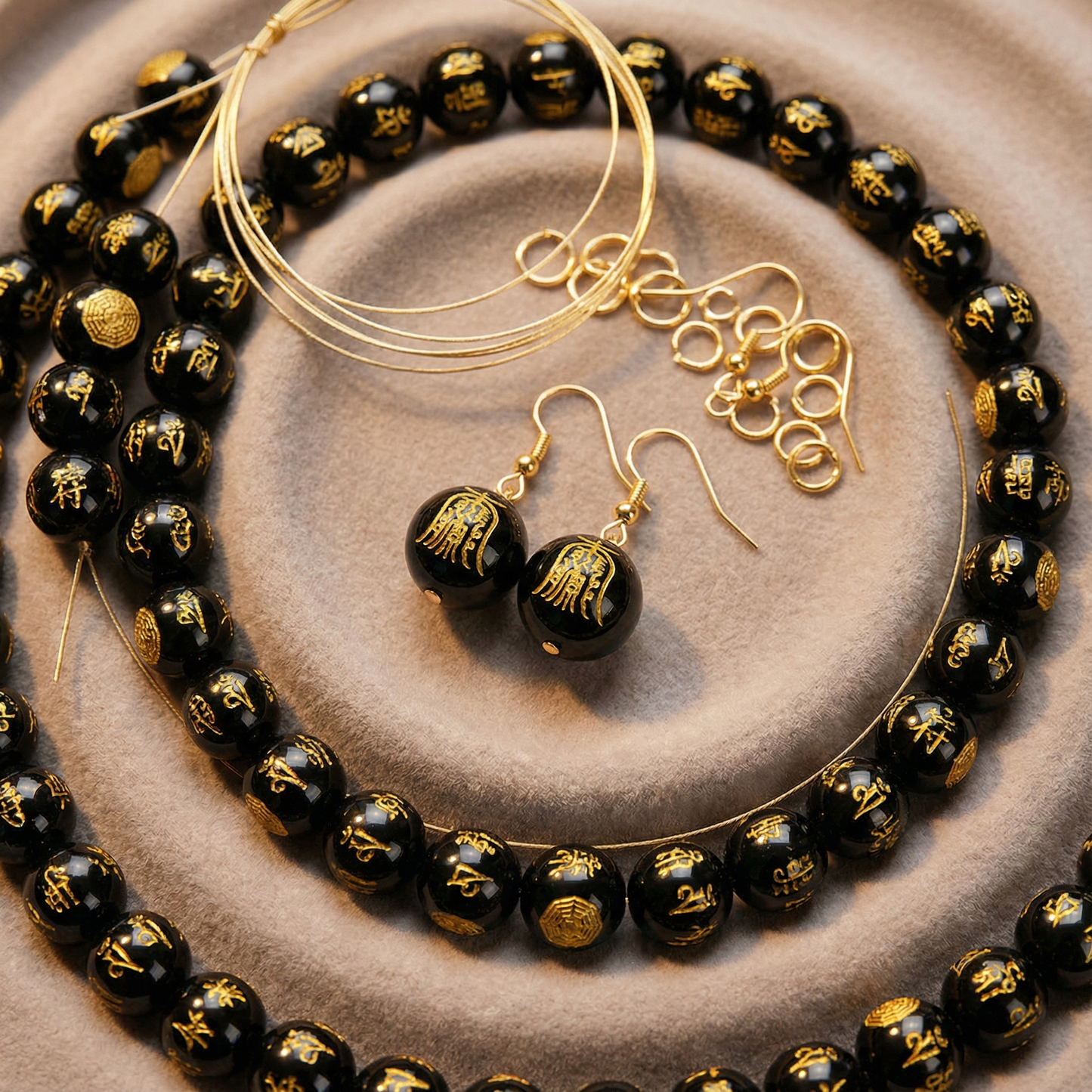 Gold Protection Symbols on Black Agate Smooth Round Bead - 7.25" Strand (GEM2459) – AI Studio Image (Transformed)