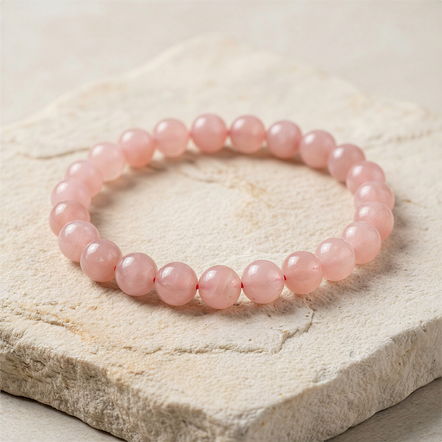 Madagascar rose quartz stretchy cord bracelet styled on neutral surface with soft light enhancing natural clarity