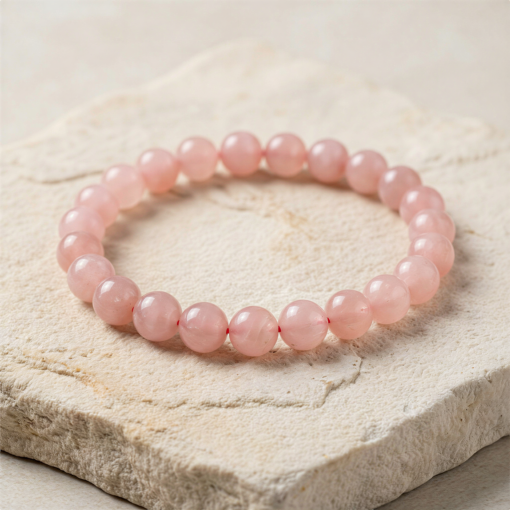 Madagascar rose quartz stretchy cord bracelet styled on neutral surface with soft light enhancing natural clarity