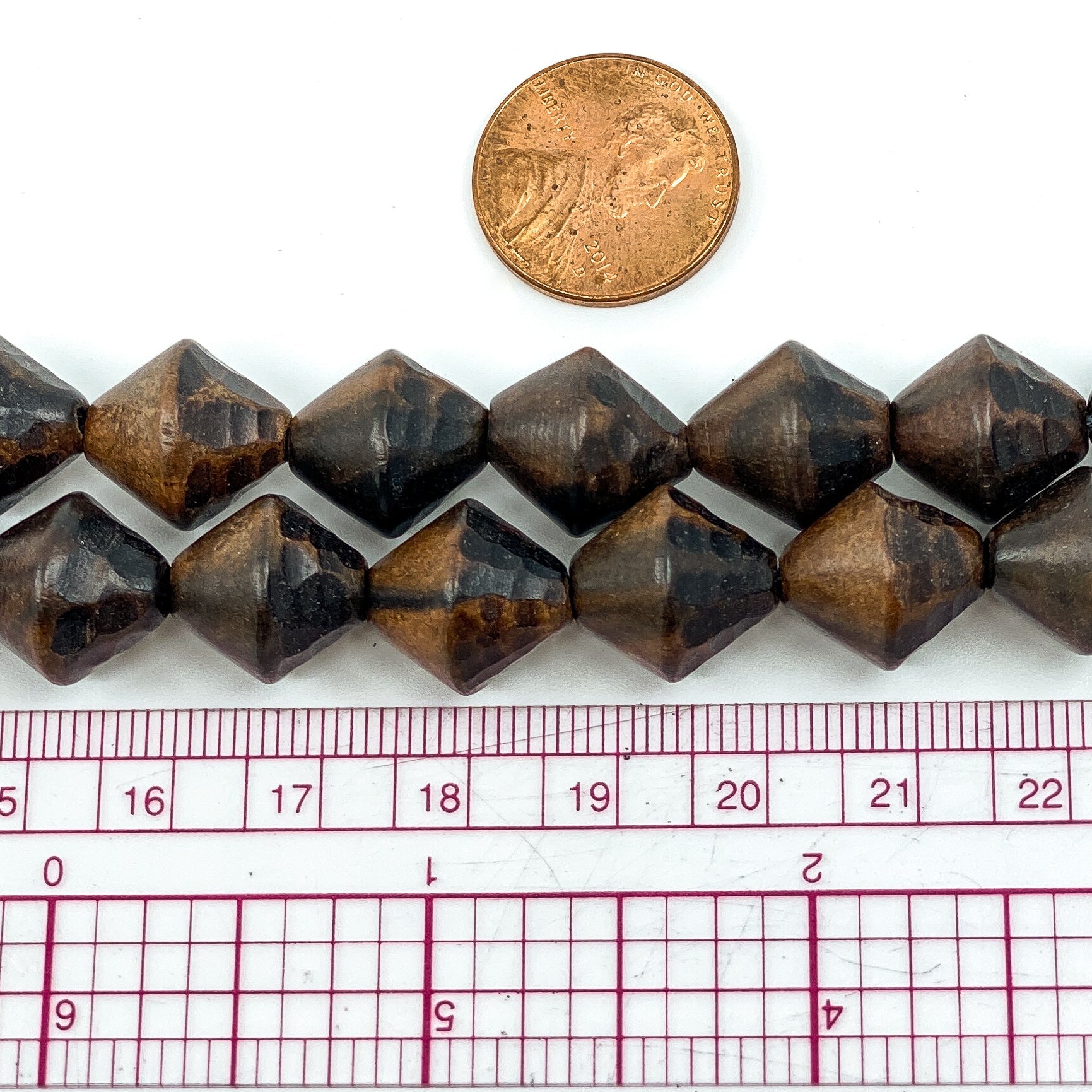 Faceted Tiger Ebony Wood Strand - 14mm Bicone