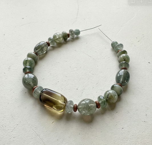 Garden Moss Bracelet Kit - 23 green gemstone beads with copper spacers