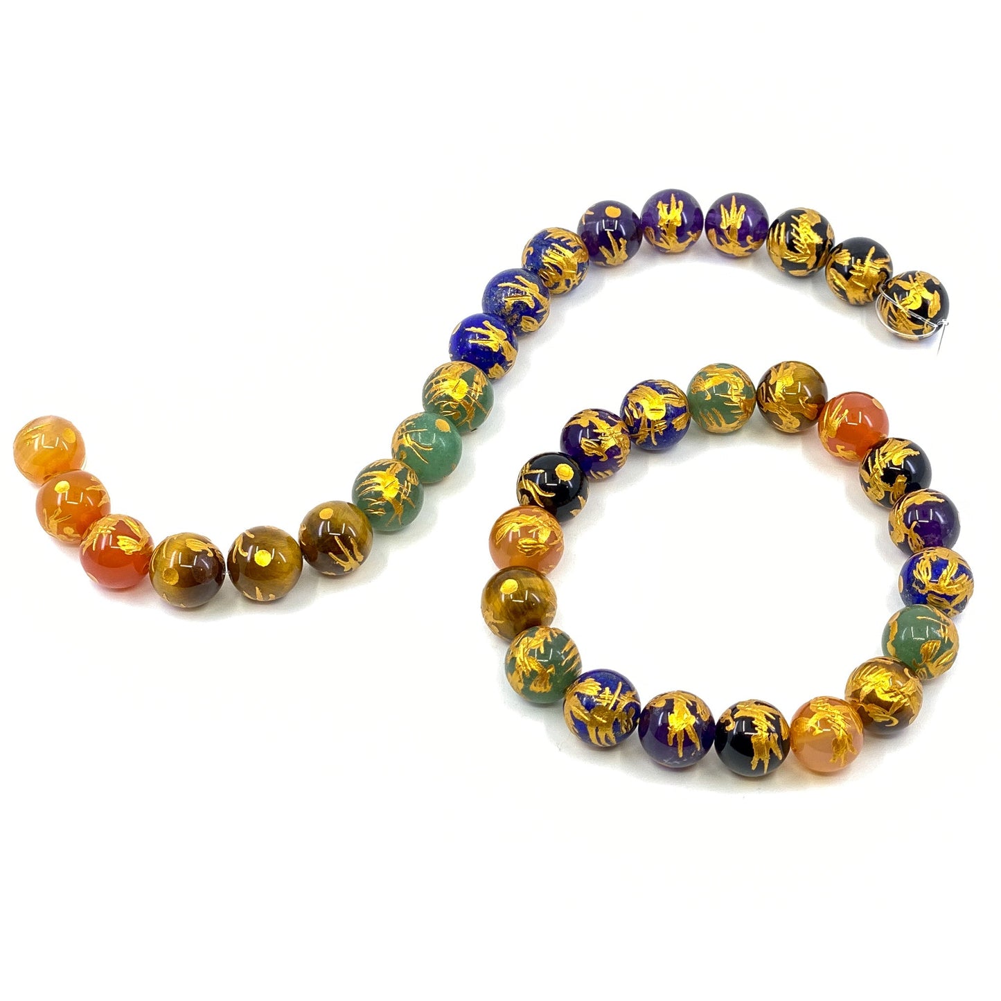 Gemstone with Etched Gold Dragon 12mm Round Bead (7 Options Available) - 7.5" Strand