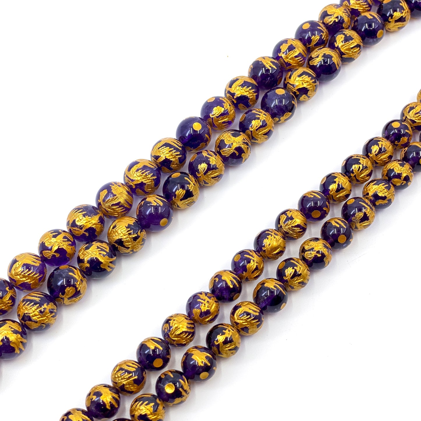 Gemstone with Etched Gold Dragon 12mm Round Bead (7 Options Available) - 7.5" Strand