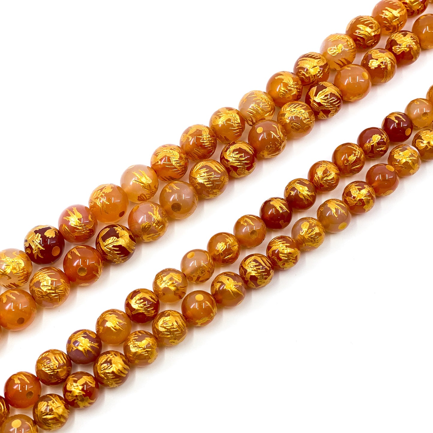 Gemstone with Etched Gold Dragon 12mm Round Bead (7 Options Available) - 7.5" Strand