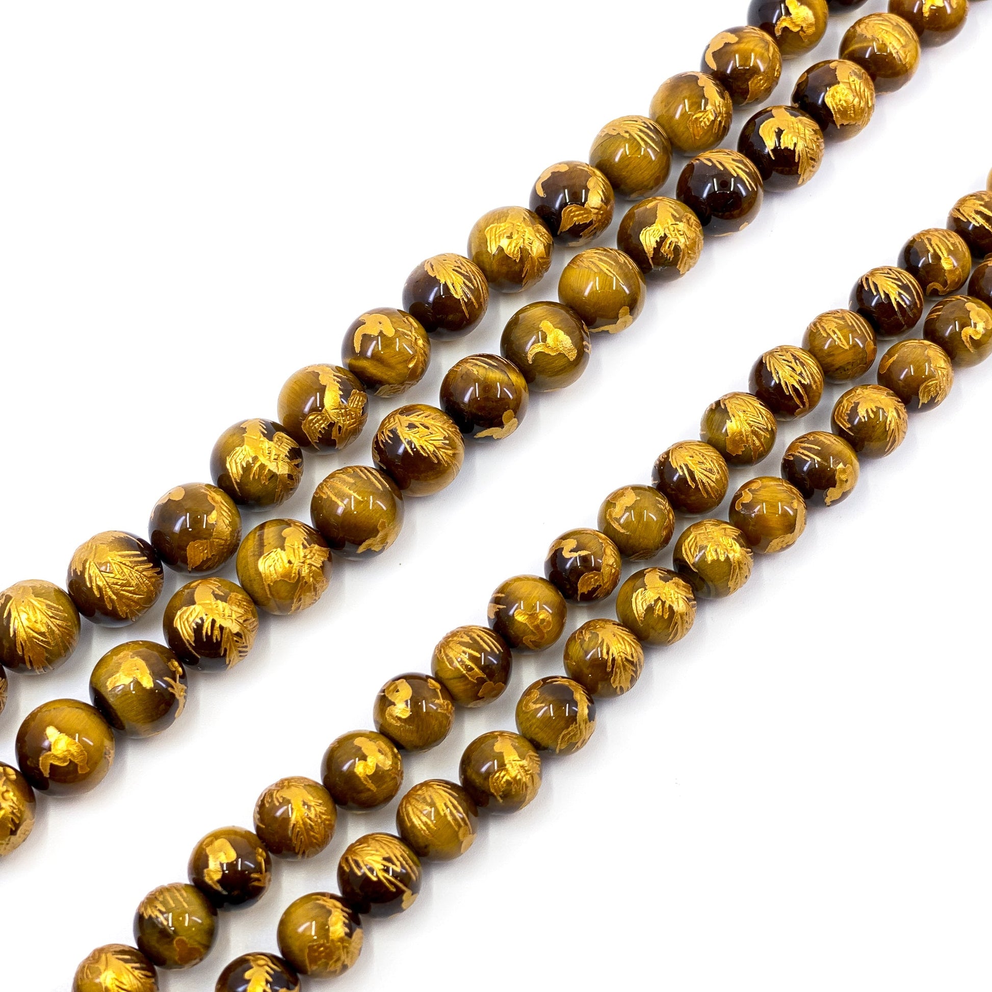 Gemstone with Etched Gold Phoenix 12mm Round Bead (7 Options Available) - 7.5" Strand