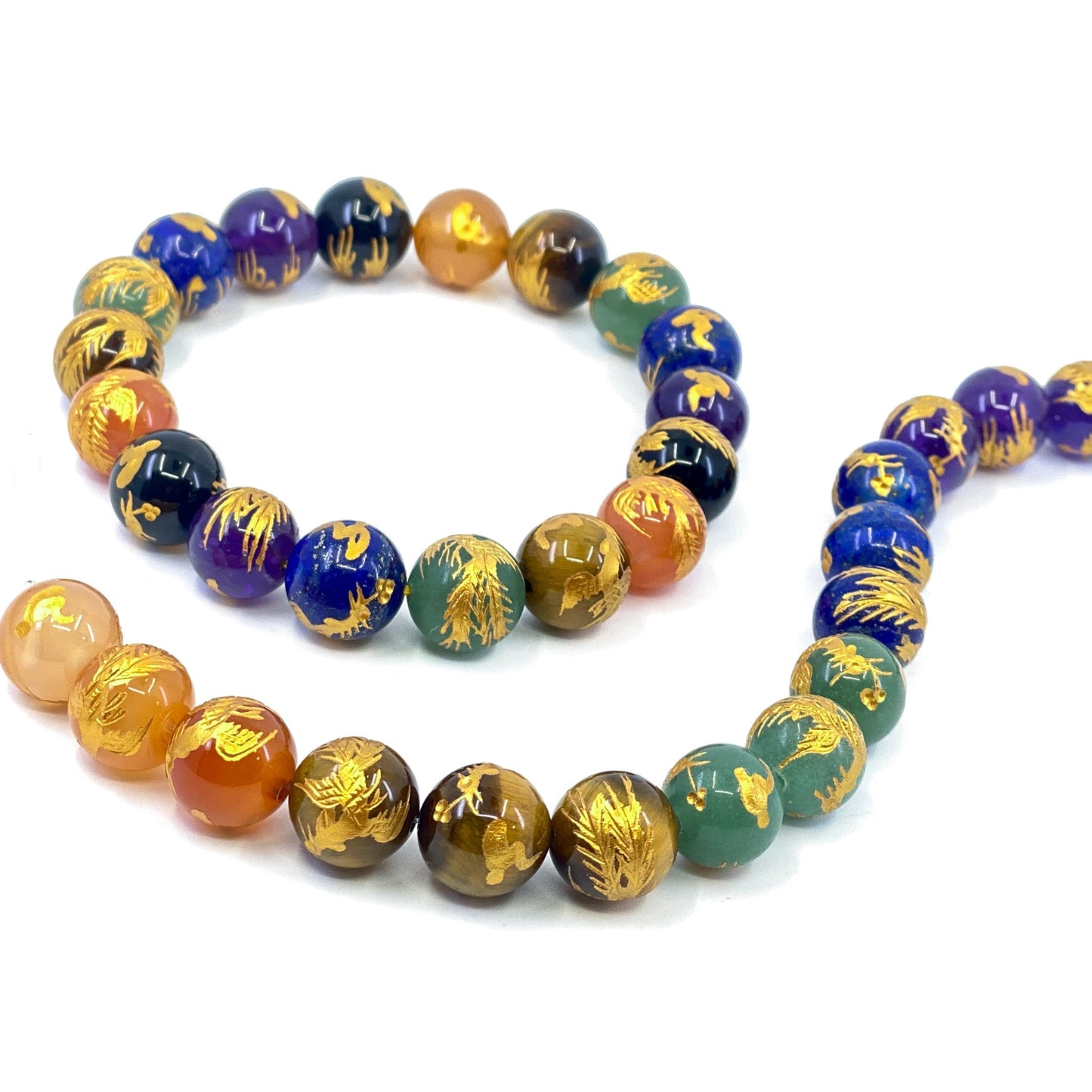 Gemstone with Etched Gold Phoenix 12mm Round Bead (7 Options Available) - 7.5" Strand