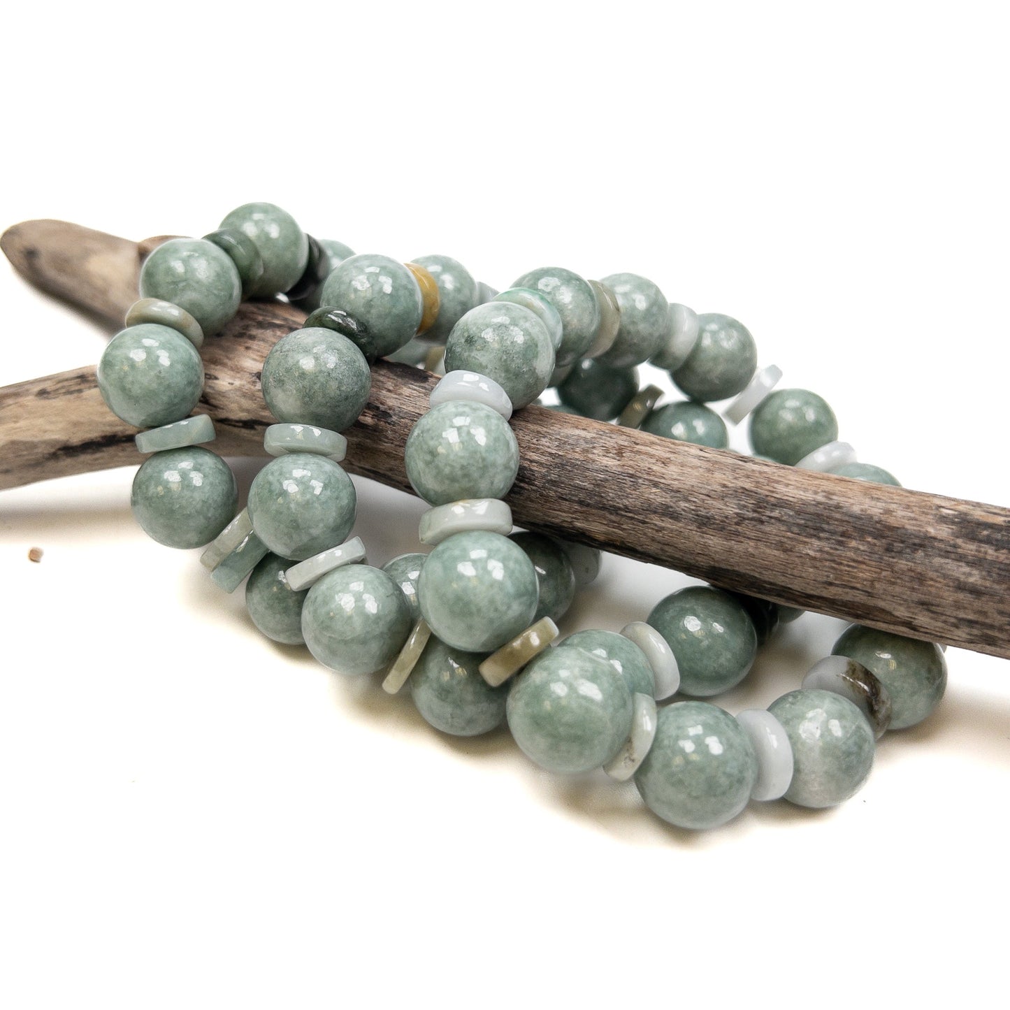 Green Jade 13-14mm Rustic Round & Washer Bead Stretchy Bracelet