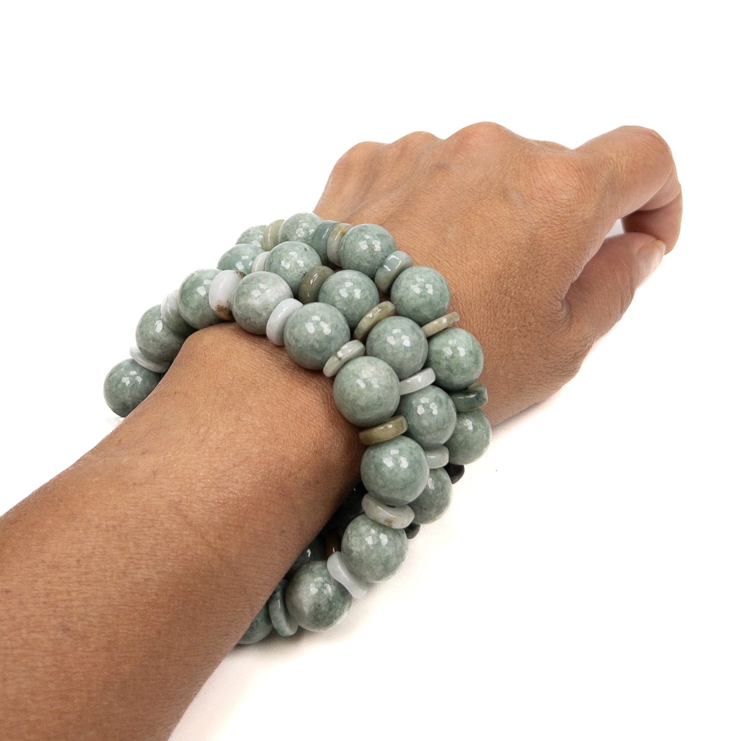 Green Jade 13-14mm Rustic Round & Washer Bead Stretchy Bracelet