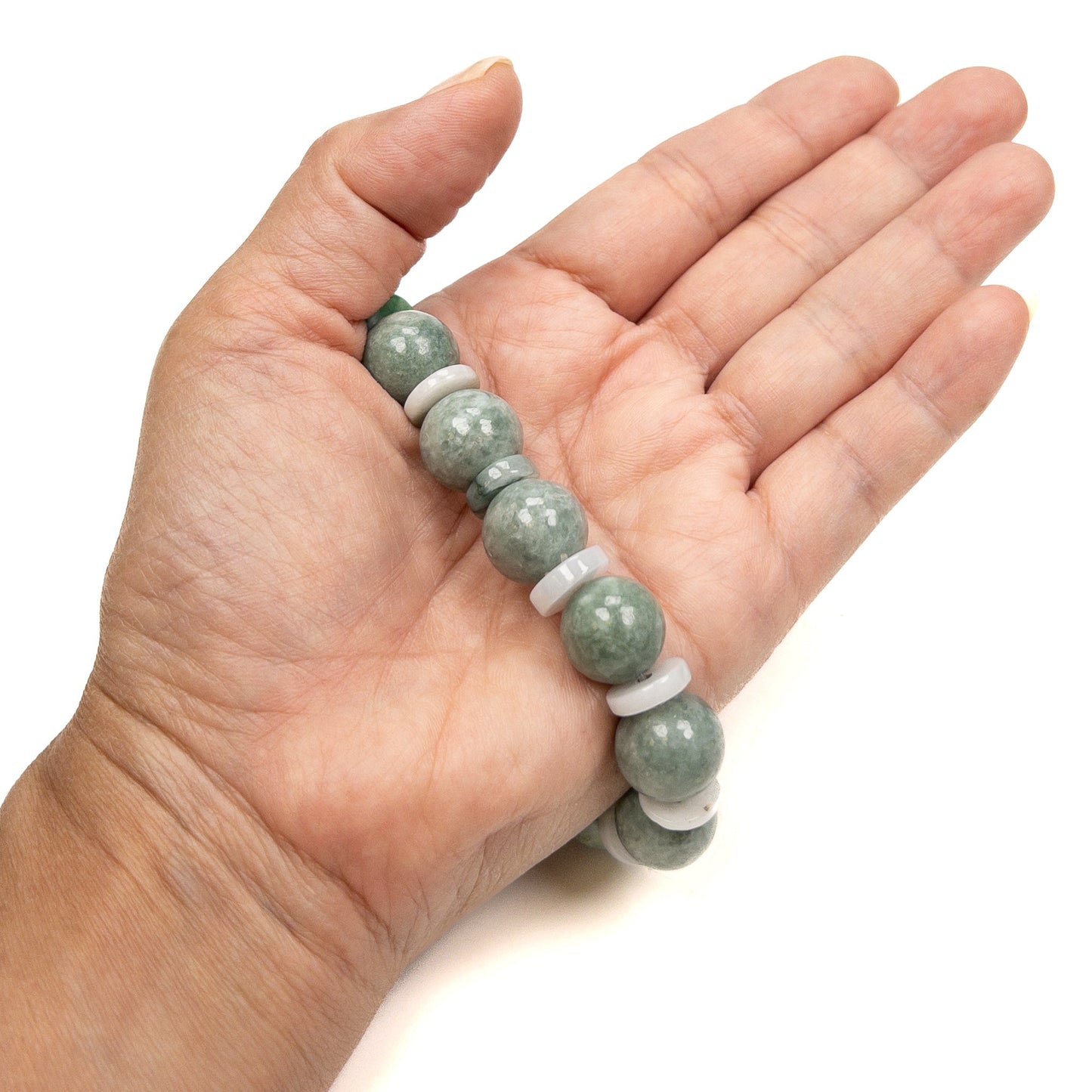 Green Jade 13-14mm Rustic Round & Washer Bead Stretchy Bracelet