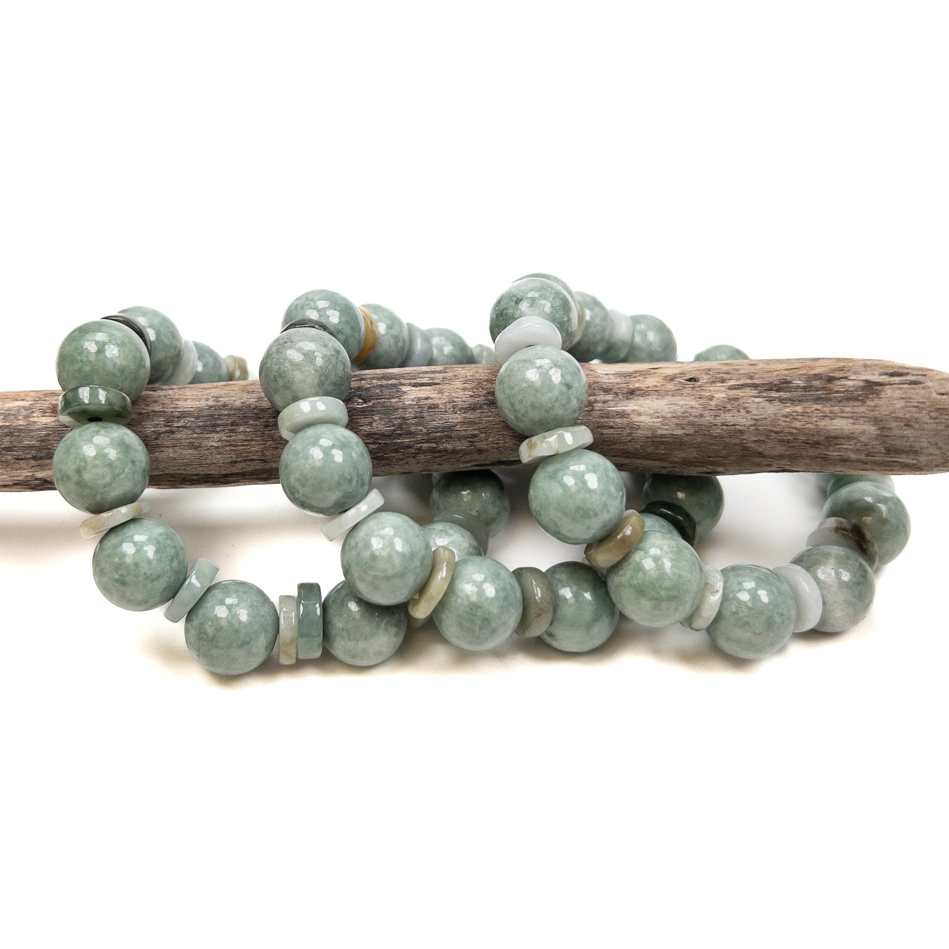 Green Jade 13-14mm Rustic Round & Washer Bead Stretchy Bracelet