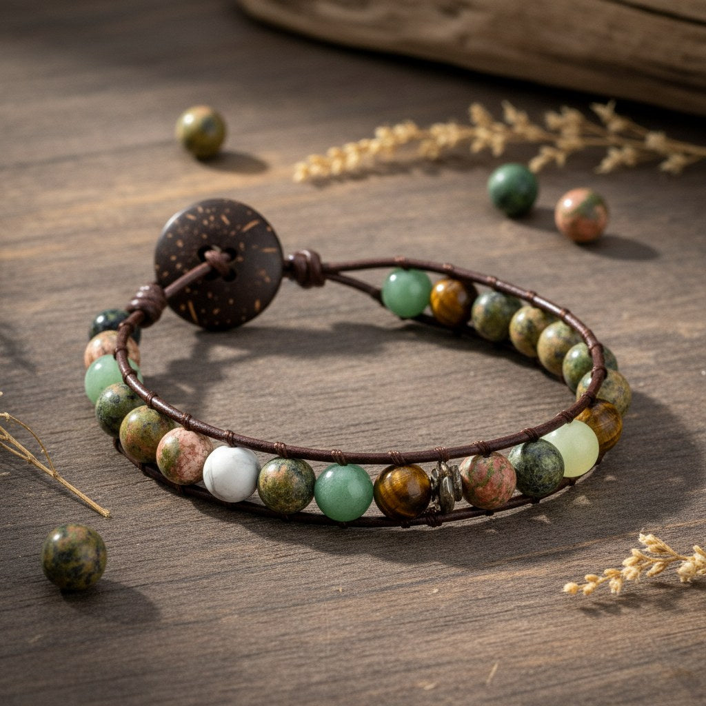 AI Enhanced – Transform into earthy product shot with professional lighting and refined composition of a bracelet strung on 1mm leather with a button clasp