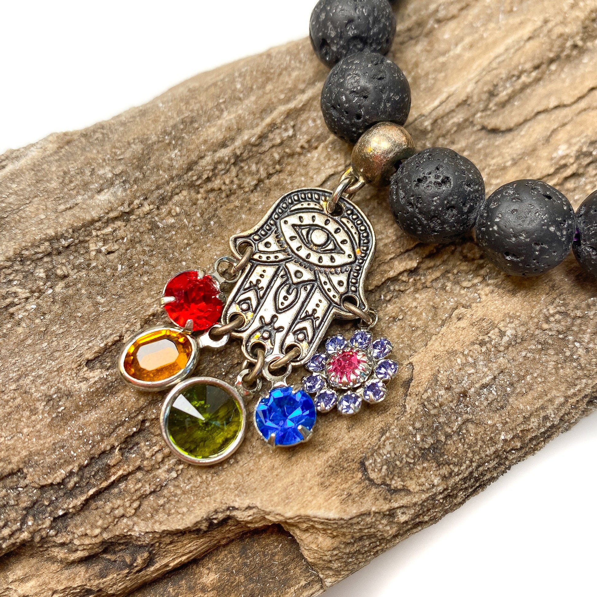 Hamsa Rainbow Lava Bead Bracelet