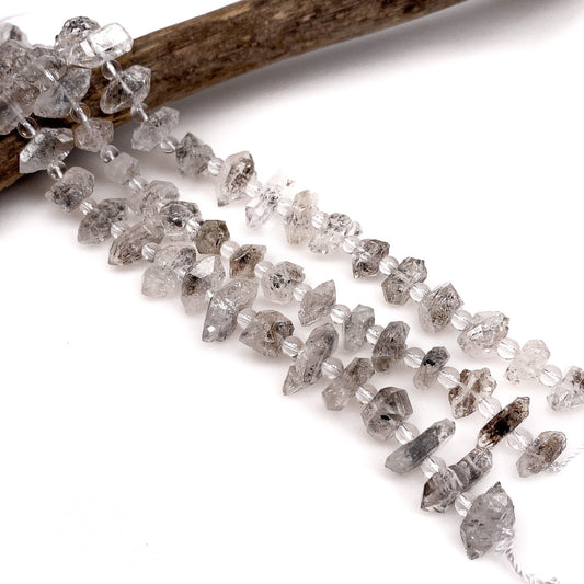 Herkimer Quartz Medium Rough Crystal Points with Black Inclusion Bead - 8" Strand (GEM545)