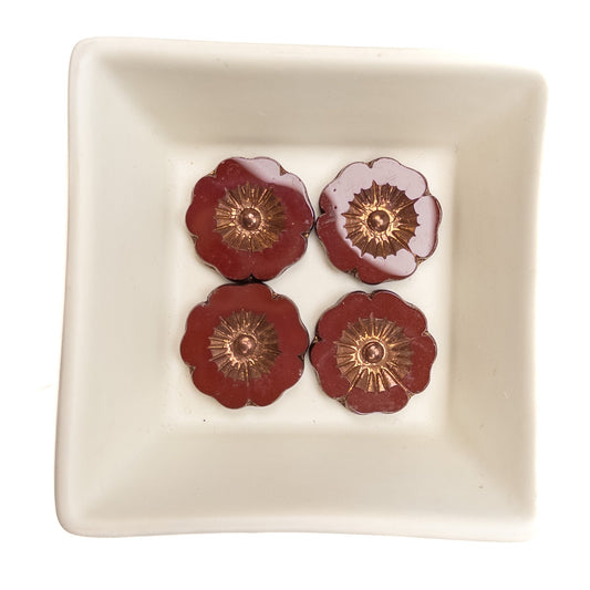 Hibiscus Flower (22mm) Maroon Red Opaque with Bronze - 1 pc.-The Bead Gallery Honolulu