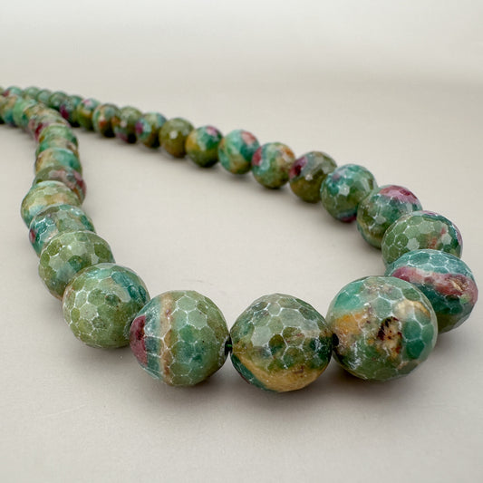 (J229) Ruby in Zoisite 6-12mm Faceted Graduated Round Bead Necklace - 1 pc.