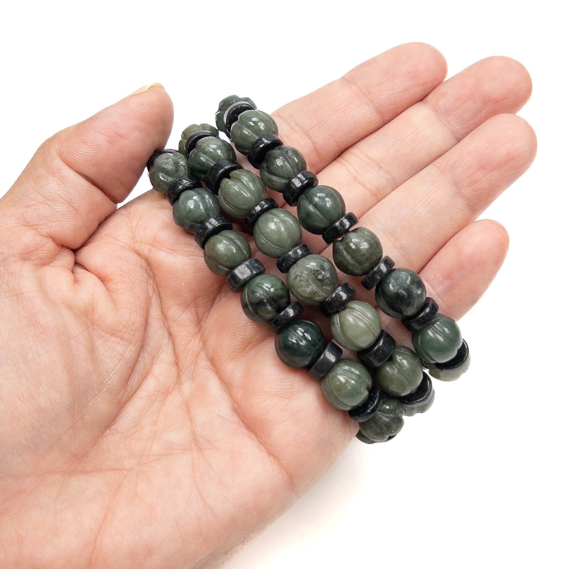 Jade 10mm Rustic Carved Lotus Bud Bead Stretchy Bracelet (3 Color Ranges Available)