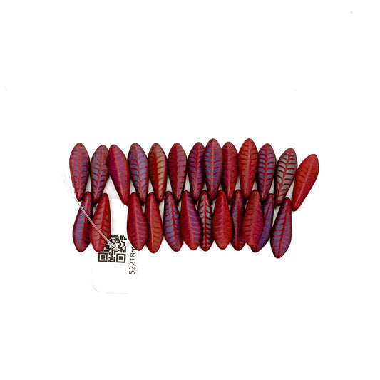 Laser Etched Medium Dagger (16x5mm) Red Opaque Matte with Rainbow Finish and Etched Leaf Design - 25 pc. Strand-The Bead Gallery Honolulu