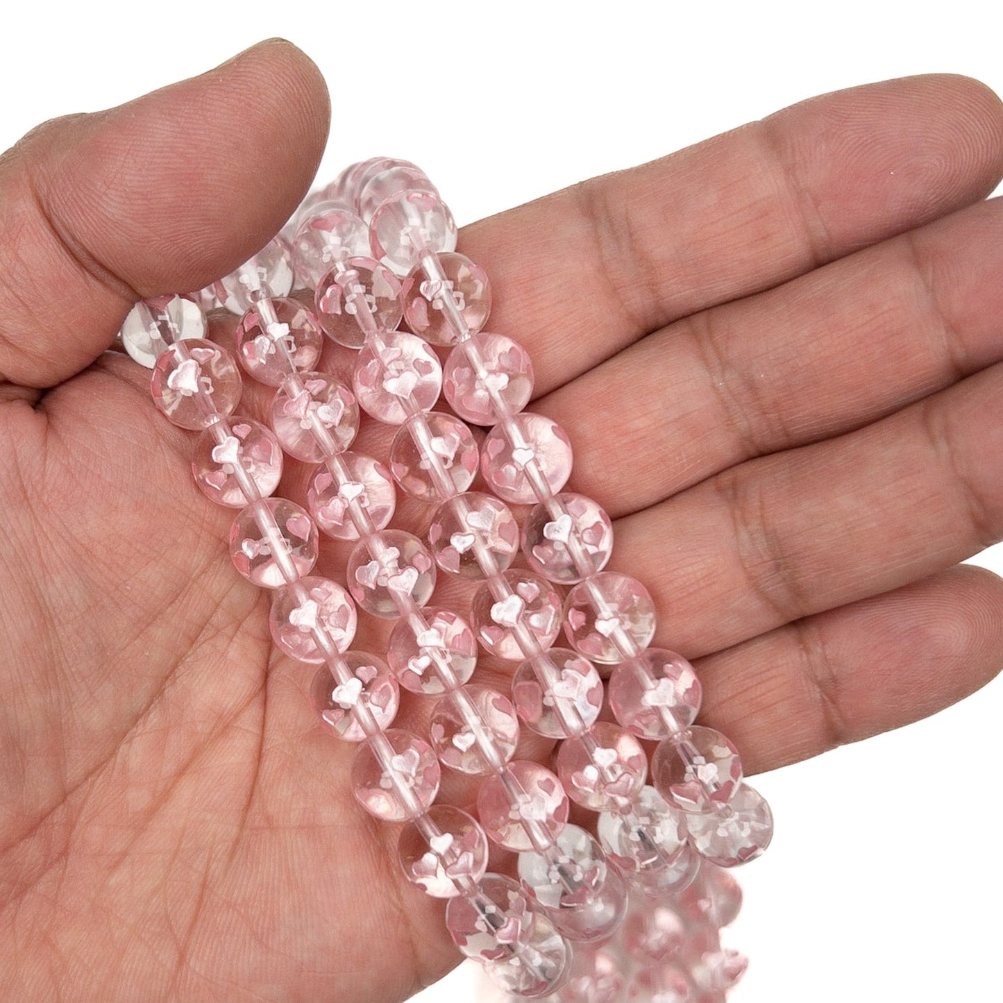 LOVE BUBBLES: Crystal Quartz Etched Pink Hearts 10mm Round Bead - 7.5" Strand