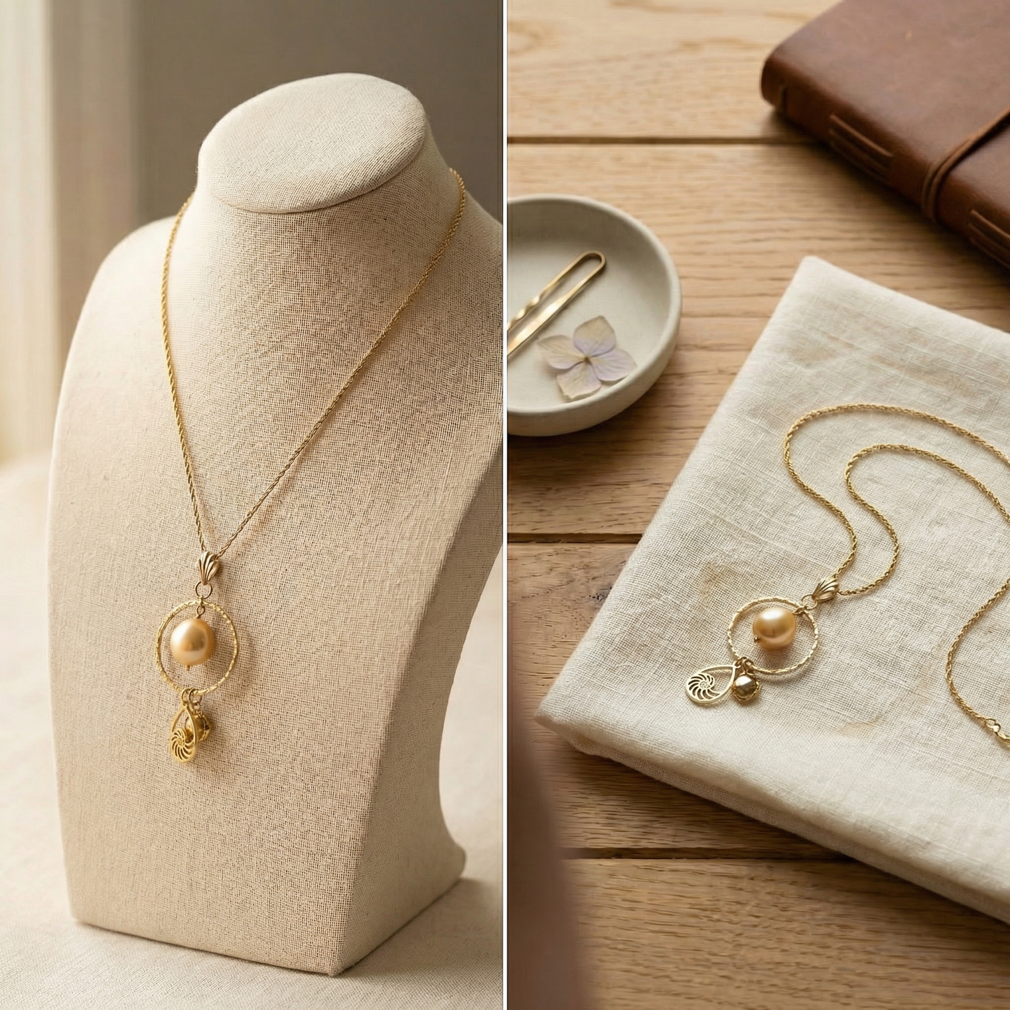 Gold necklace with a lustrous pearl pendant and nautilus charm resting on soft linen, bathed in warm, even window light