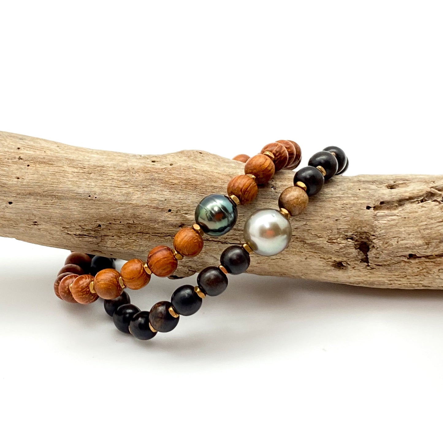 Mauka to Makai: Bayong Wood & Tahitian Pearl Stretchy Cord Bracelet - Kit or Finished Bracelet