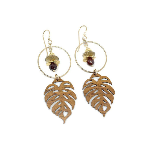 Monstera Leaf Koa Earrings with Citrine & Garnet