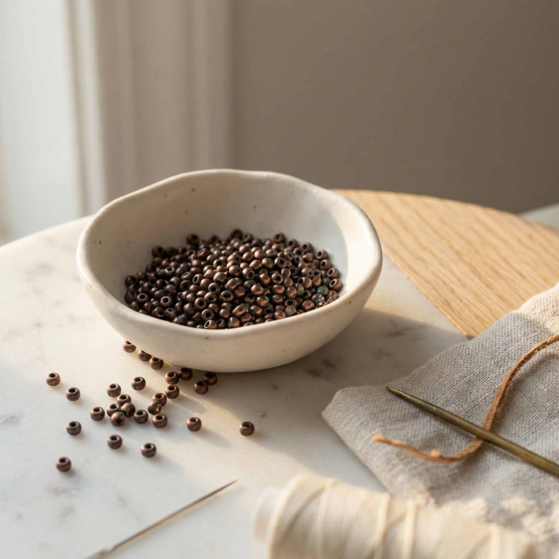 Antique copper seed beads in a hand-formed bowl on marble with linen and oak.