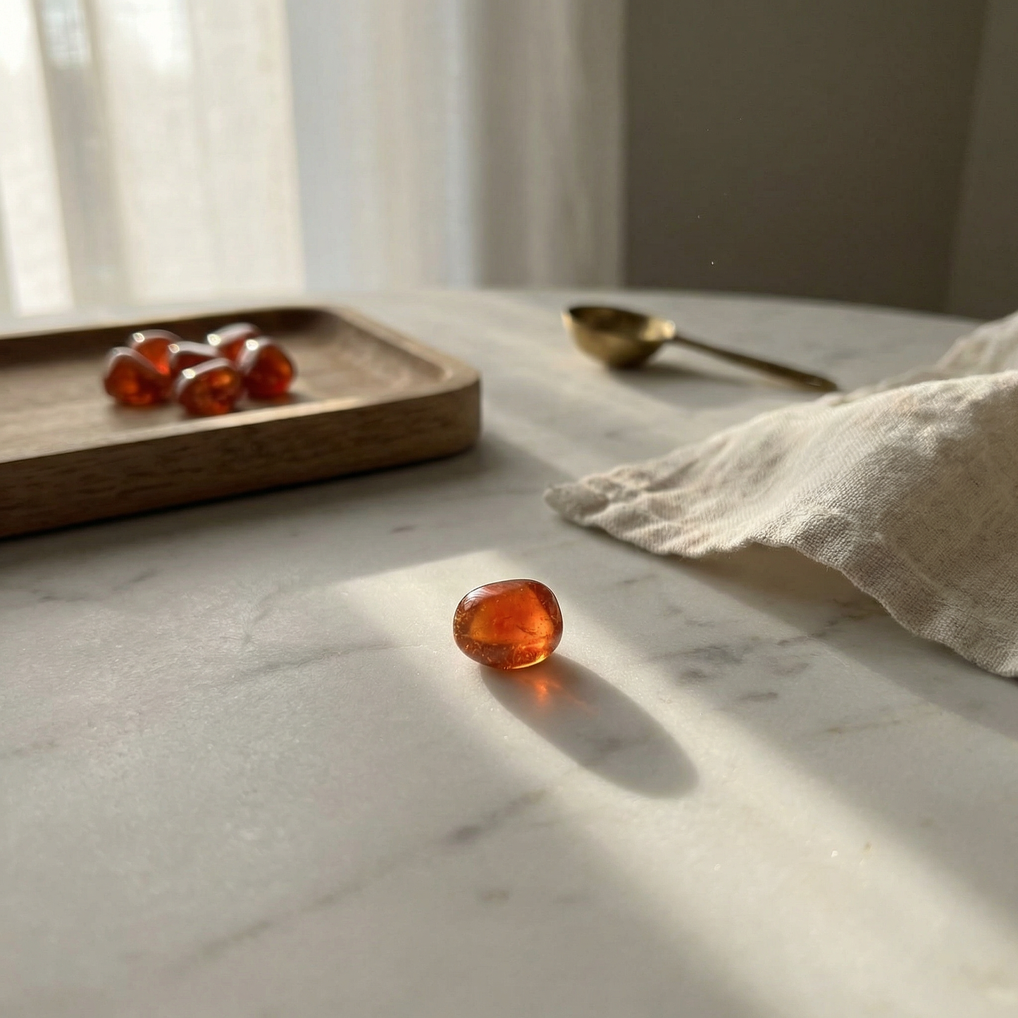 Mandarin spessartite bead on honed marble with linen, oak tray, and soft morning light