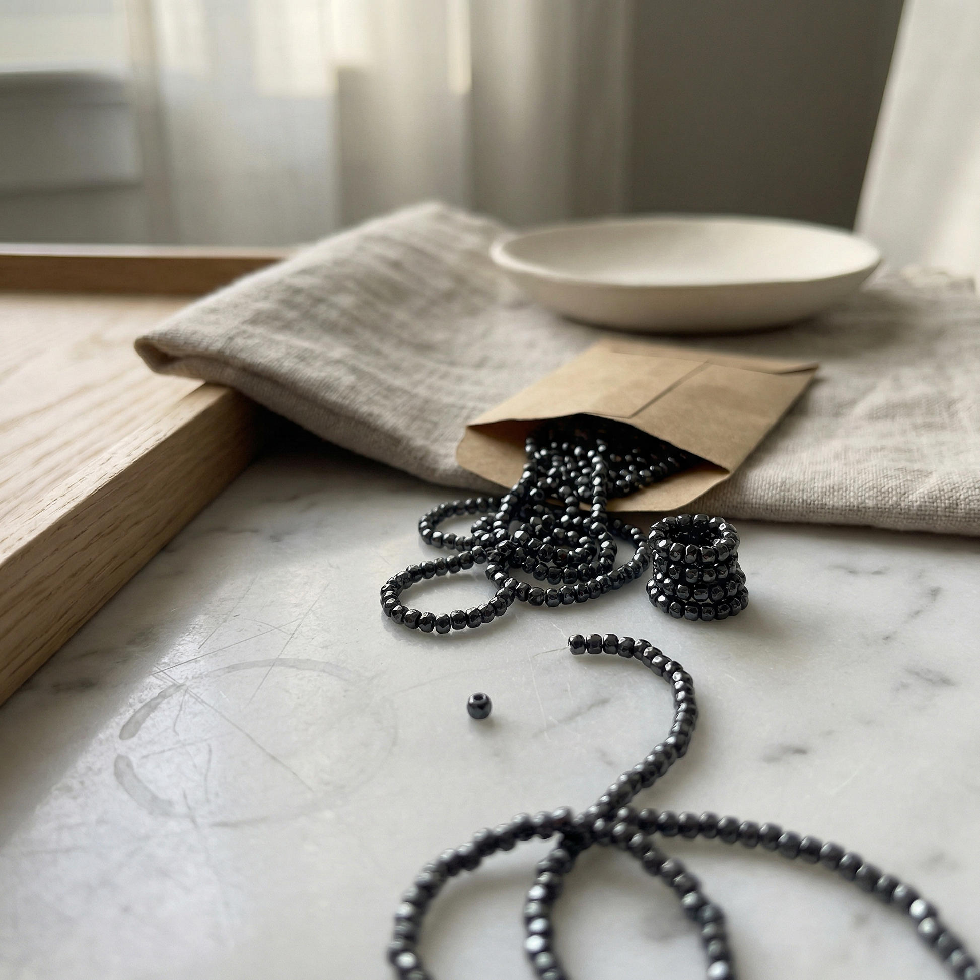 Vintage hematite seed beads spilling from kraft envelope on marble, soft morning light.