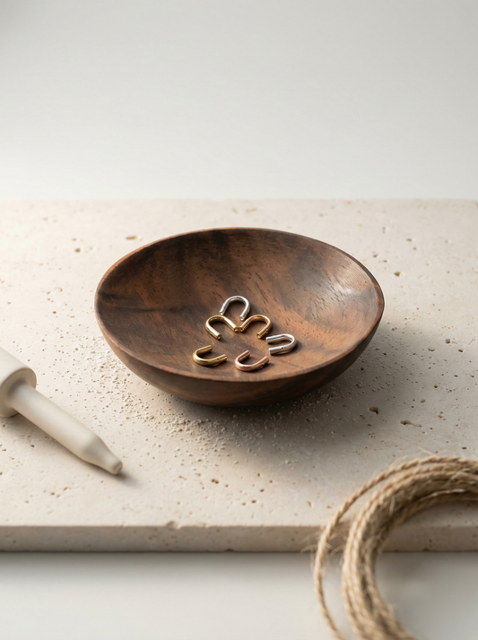 Three metal cable protectors in walnut bowl on pale stone with linen-diffused morning light.