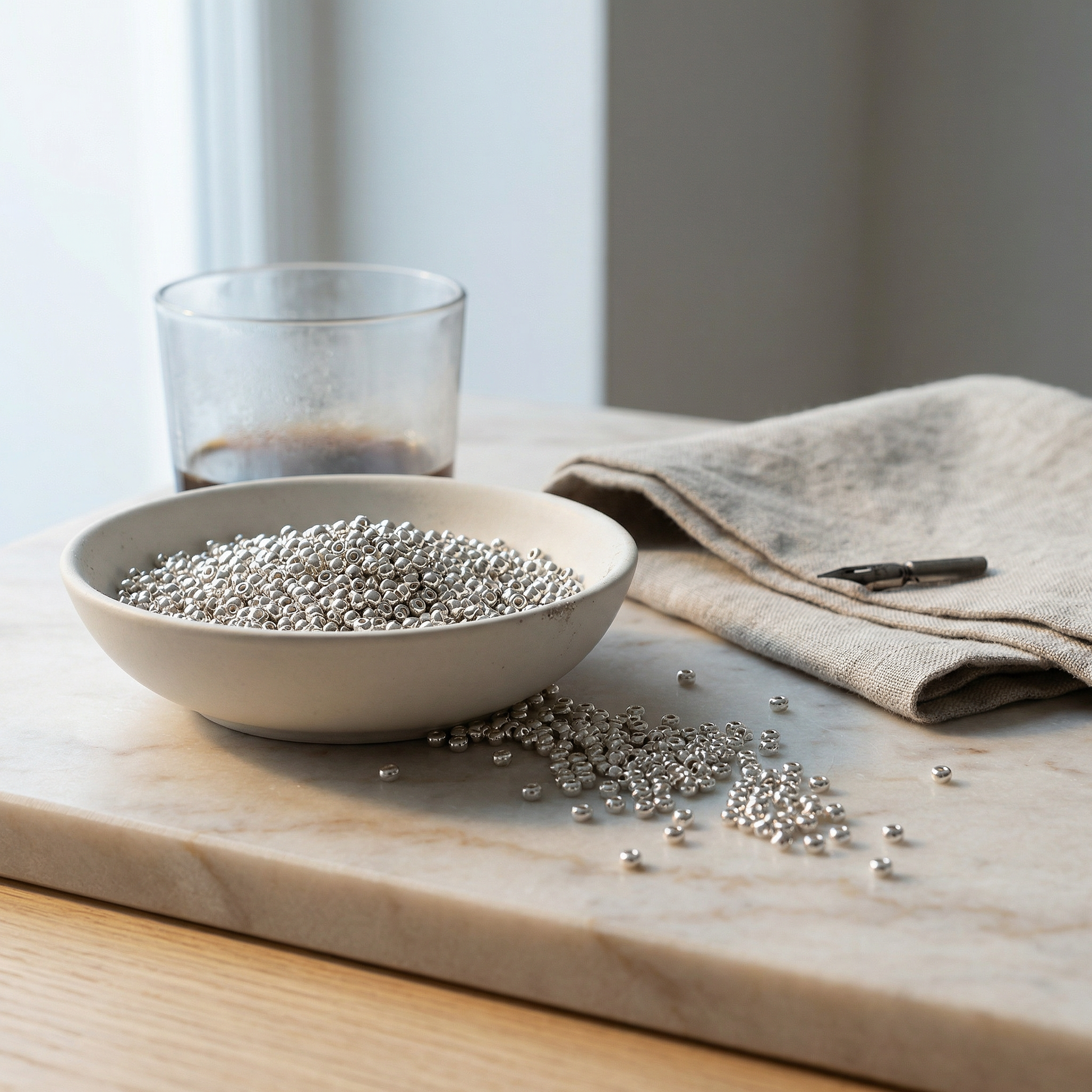 Silver seed beads in a ceramic bowl on pale marble with linen napkin and blurred glass.
