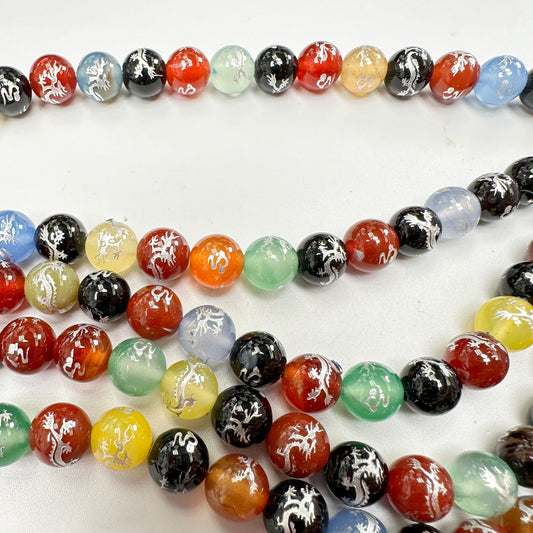 Multicolored Agate with Silver Dragon 8mm Bead - 1 pc. (P1781)